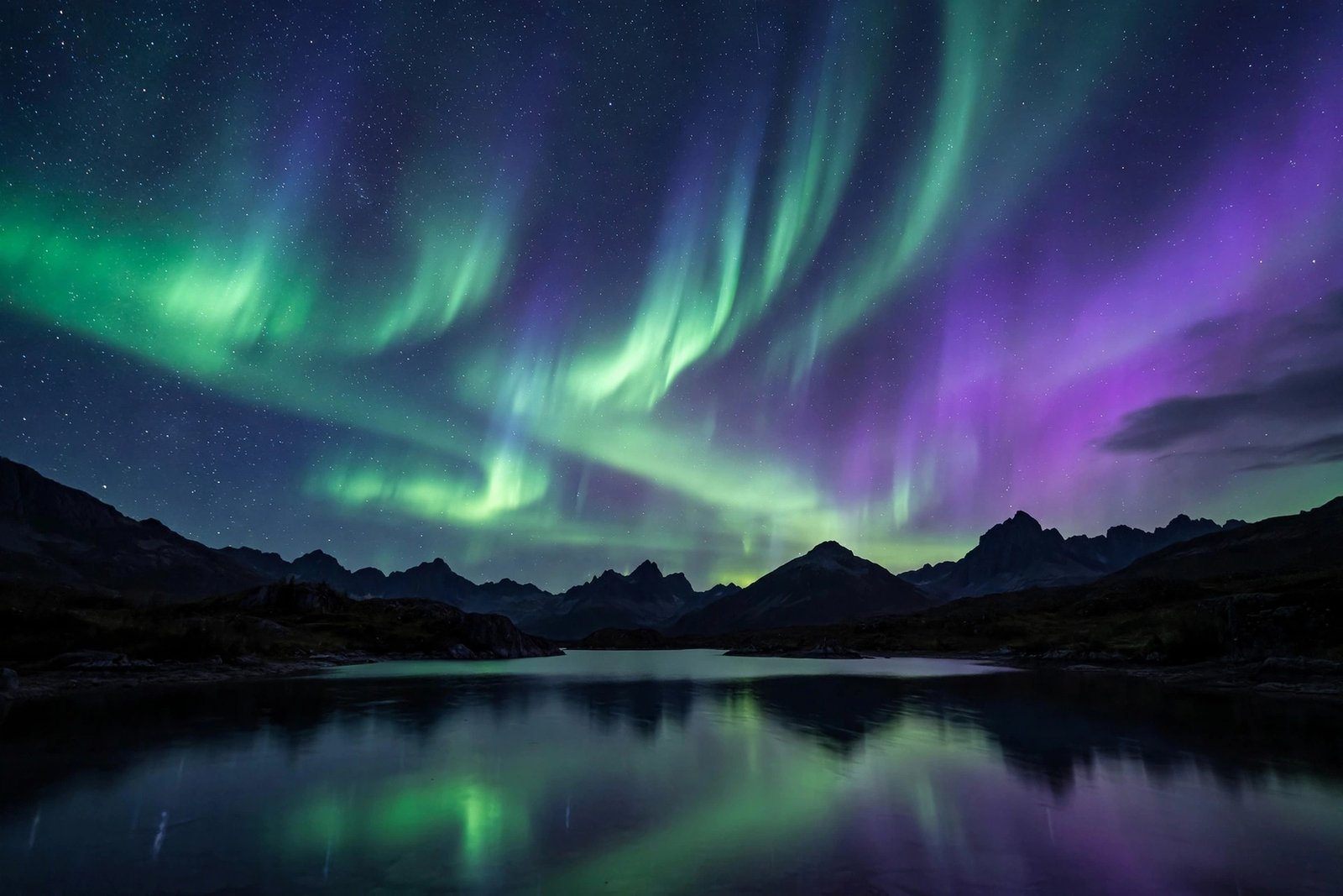  "Green and violet northern lights over a mountain lake at night"