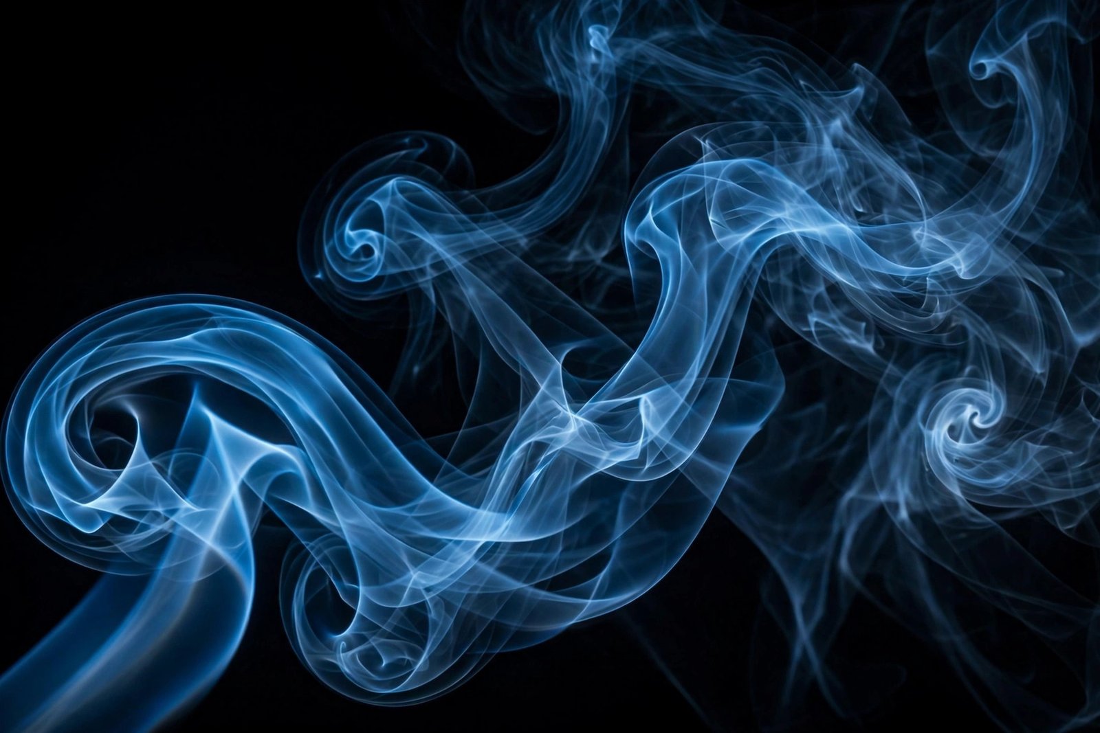  "Azure smoke tendrils curling through a dark black background"