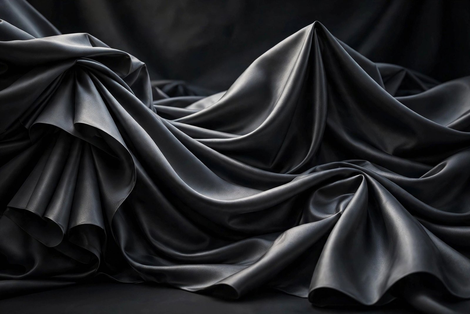  "Dramatic black satin silk folds with a silvery sheen"
