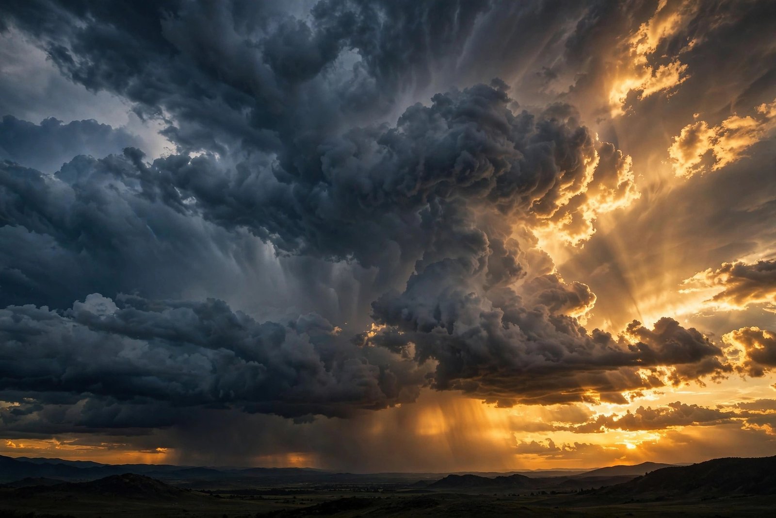 "Towering storm clouds lit with golden sunset light"