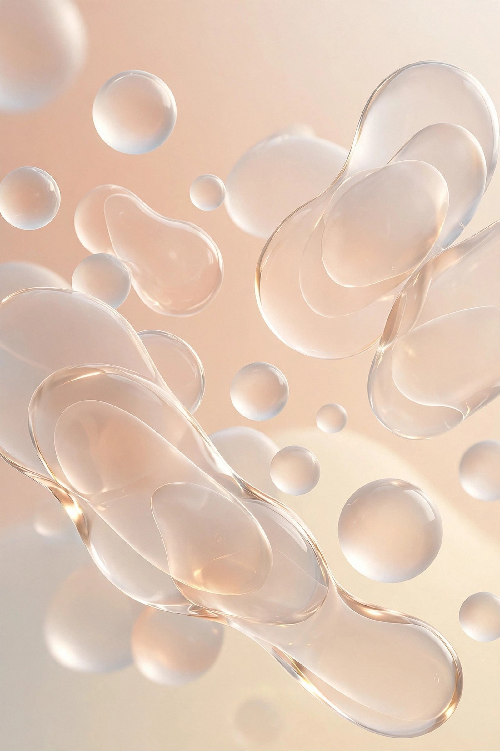  "Translucent glass spheres floating over a soft peach gradient"
