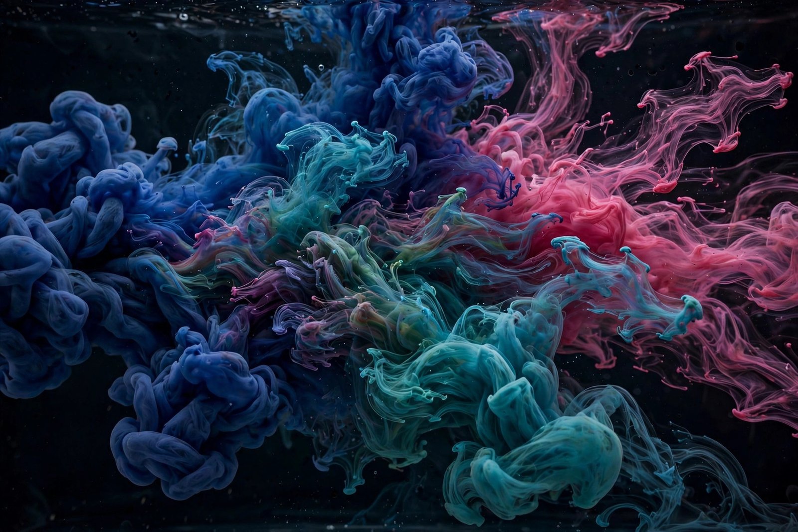  "Colorful ink clouds dispersing in dark water in slow motion"