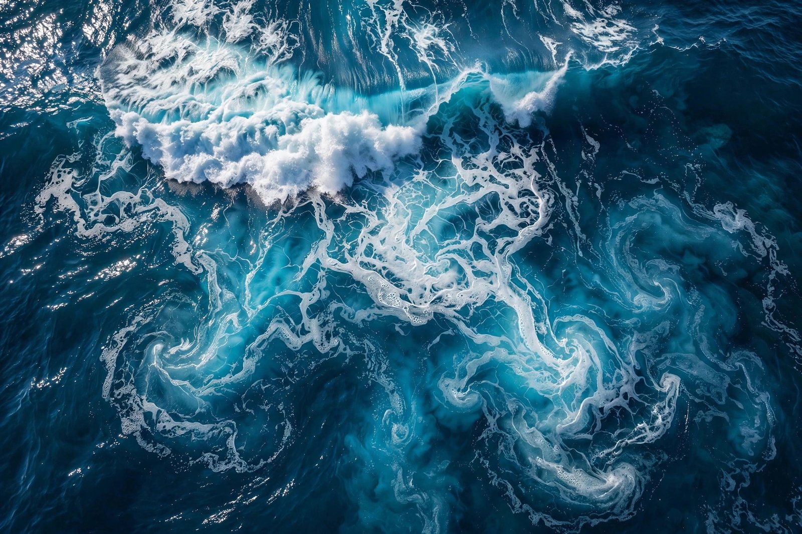  "Turquoise ocean wave breaking into white foam seen from above"