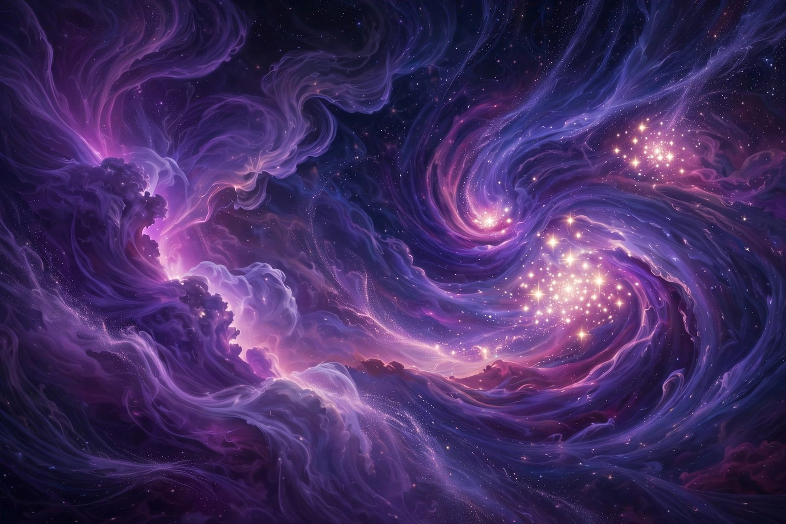  "Violet and magenta nebula clouds swirling around glowing star clusters"