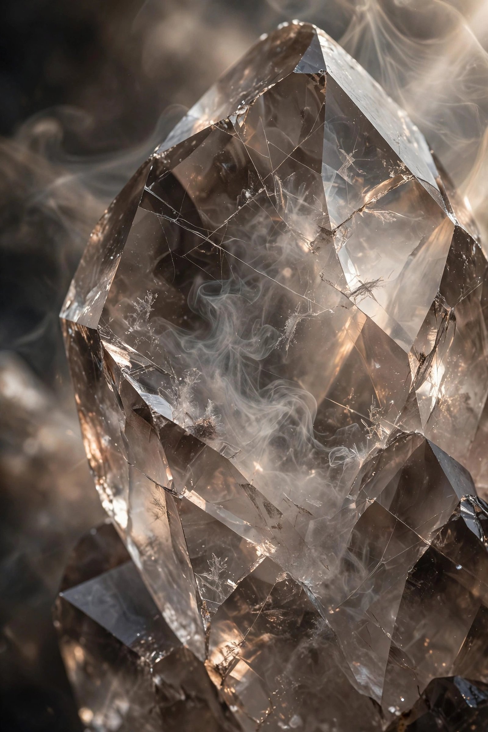 "Translucent smoky quartz crystal facets with inner fractures"
