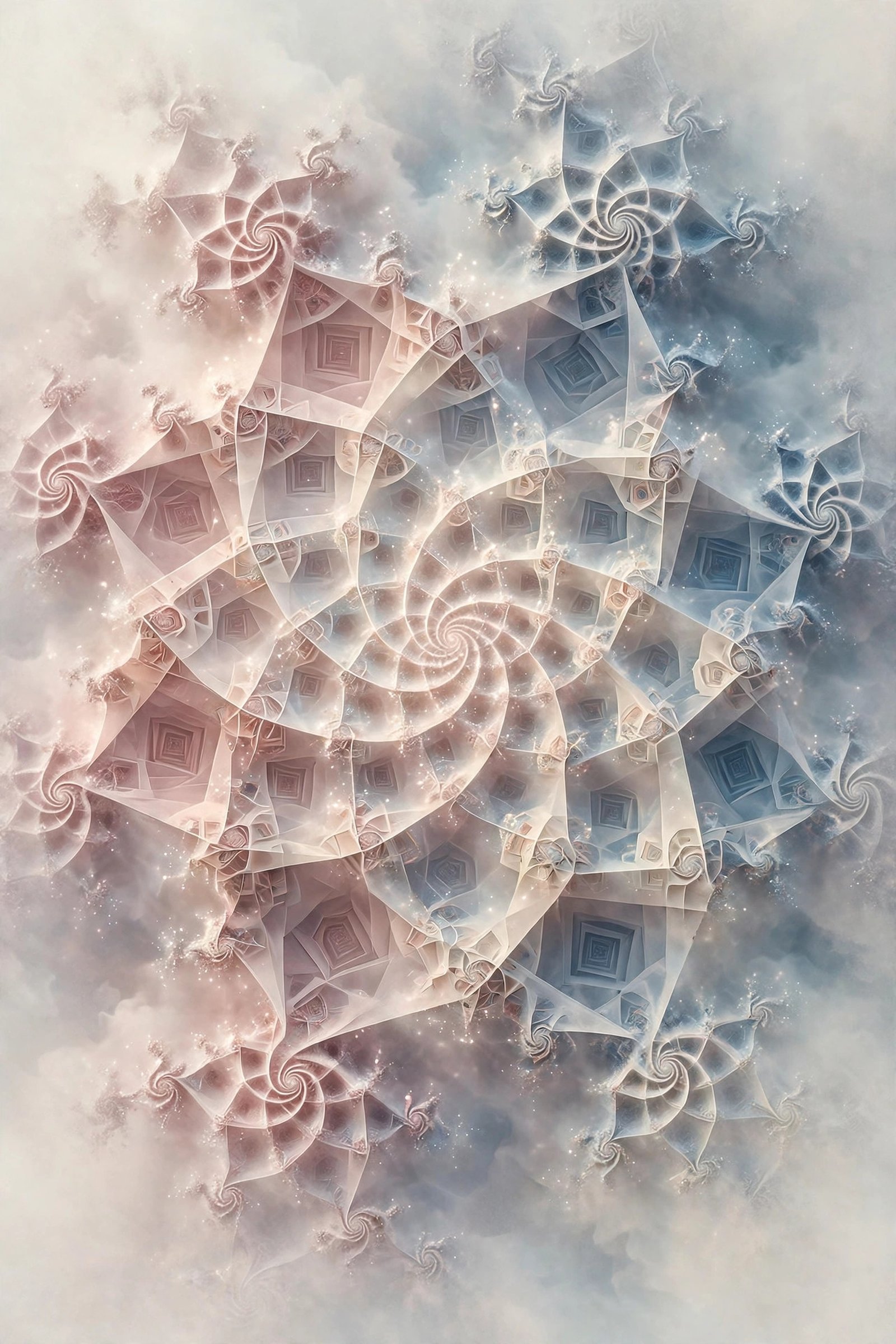  "Delicate fractal spirals in rose cream and dusty blue"