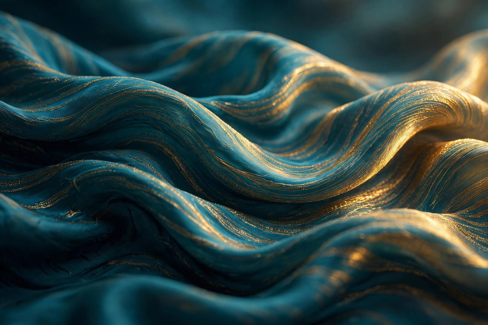  "Flowing teal silk waves with golden highlights catching soft light"