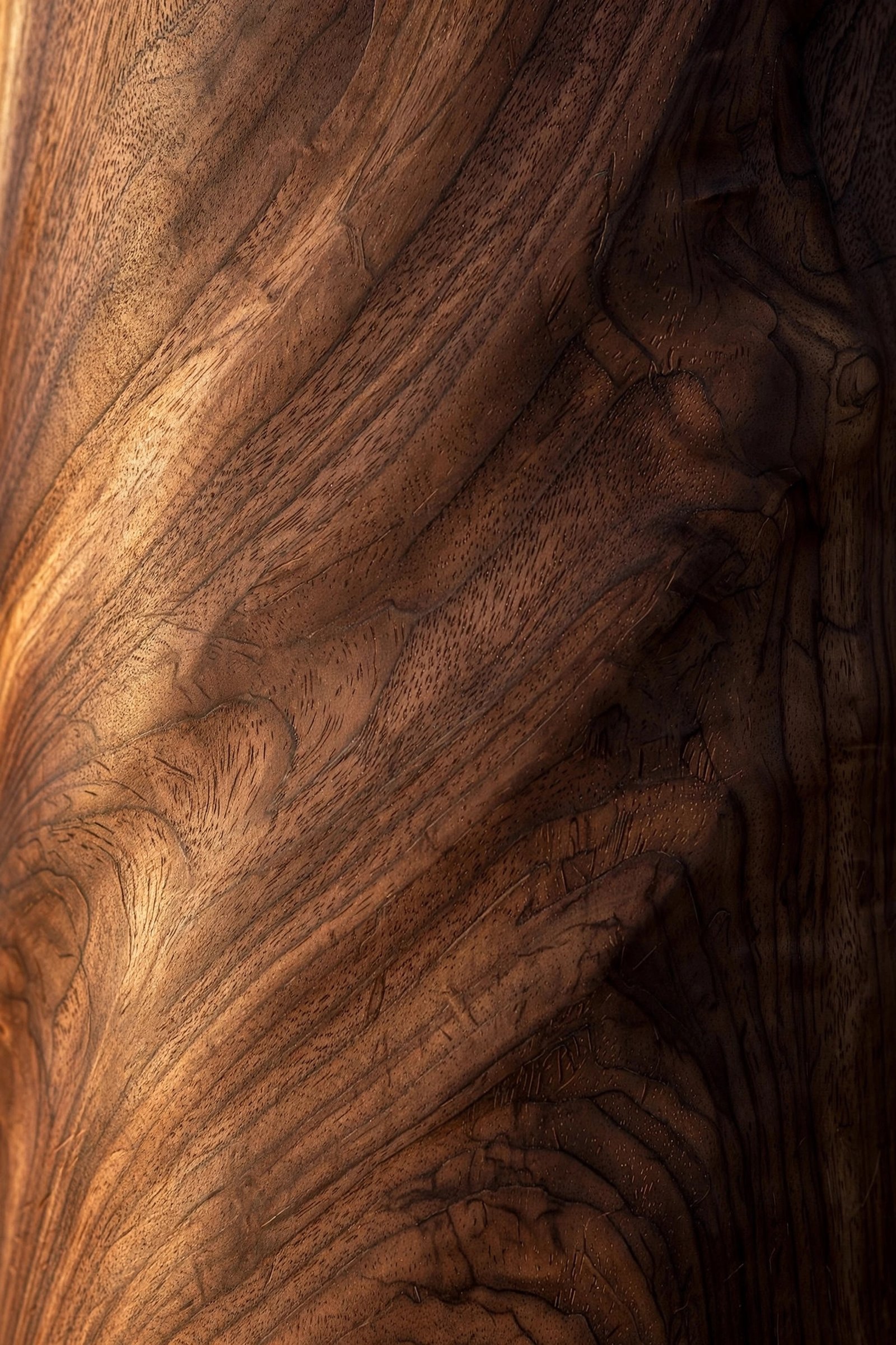  "Dark walnut wood texture with rich flowing grain lines"