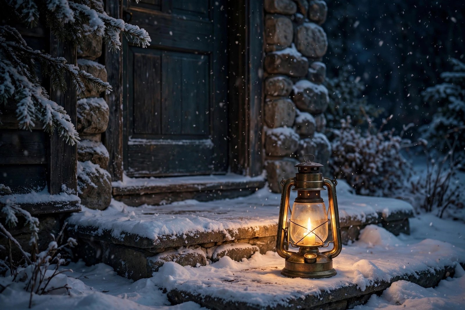  "Vintage candle lantern glowing warmly on a snowy doorstep at night"