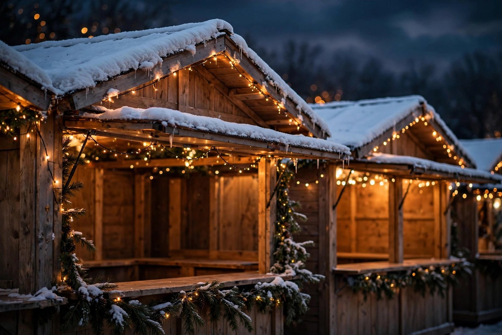  "Empty wooden Christmas market stalls glowing at dusk with snow and string lights"