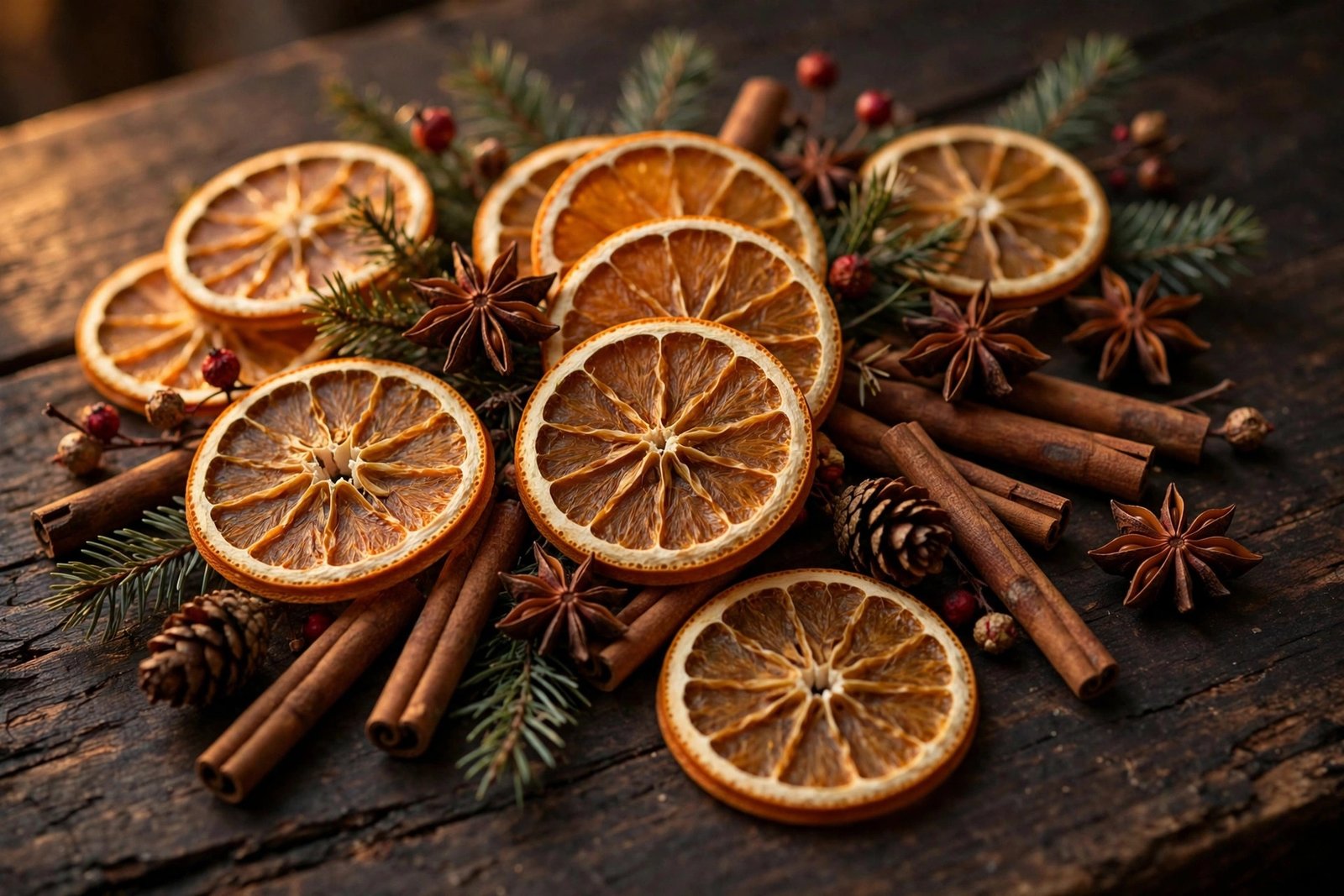  "Dried orange slices with star anise and cinnamon on rustic wooden surface"