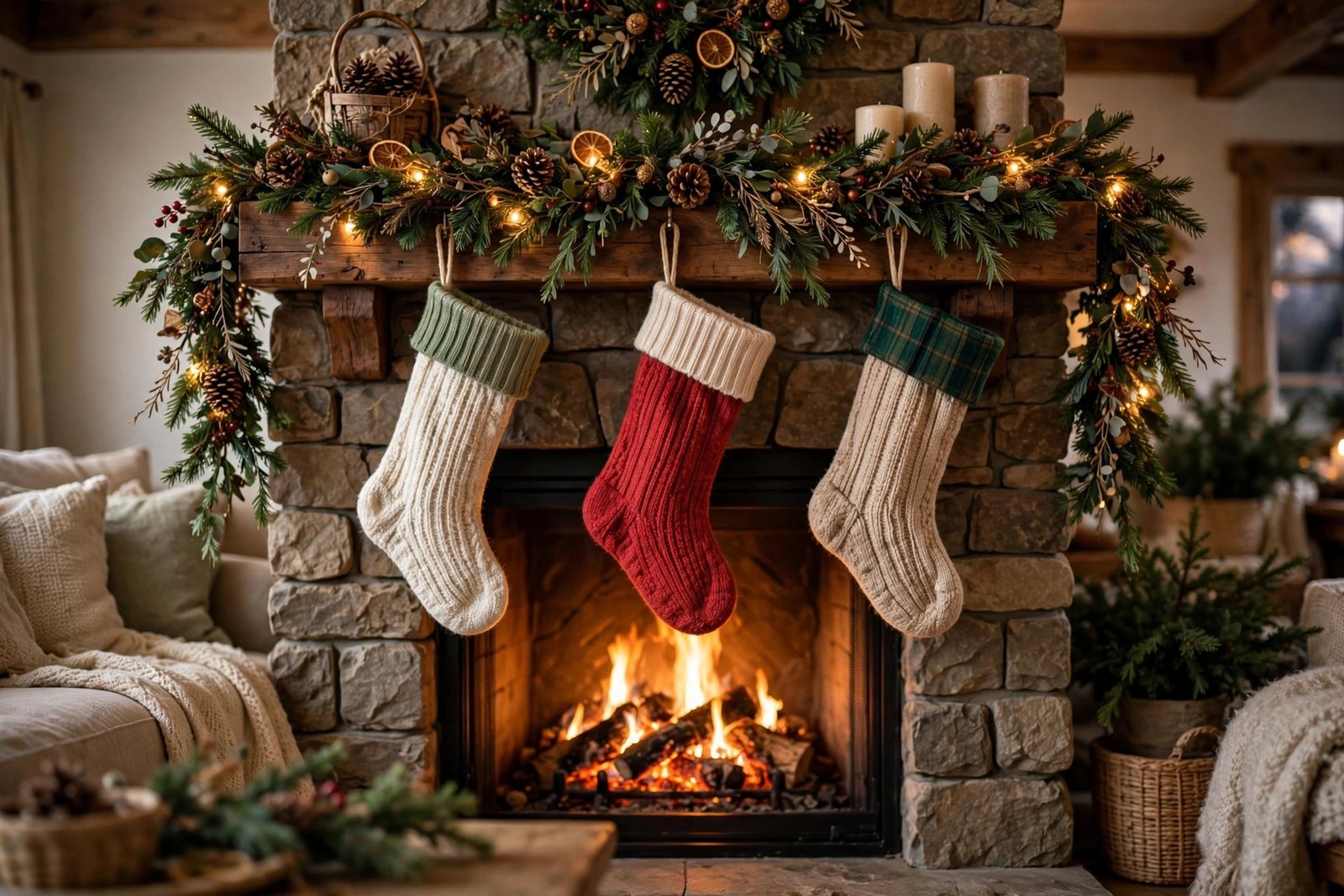  "Cozy fireplace mantel decorated with stockings garland and glowing flames"