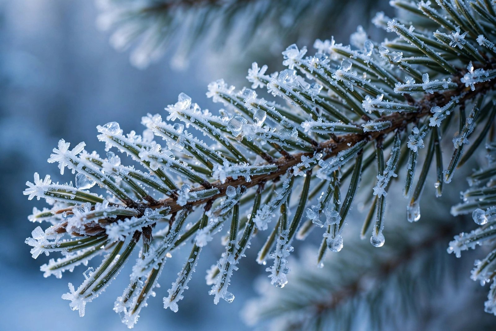  "Macro of frosted pine branch covered in ice crystals in cold winter light"