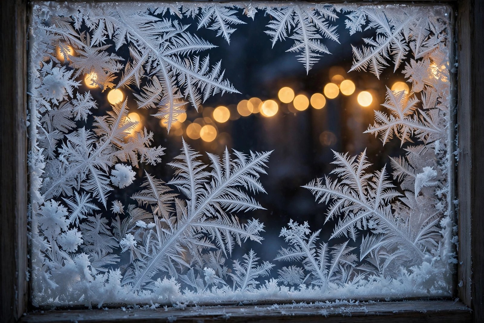  "Frosted winter window with ice crystals and warm golden lights behind"