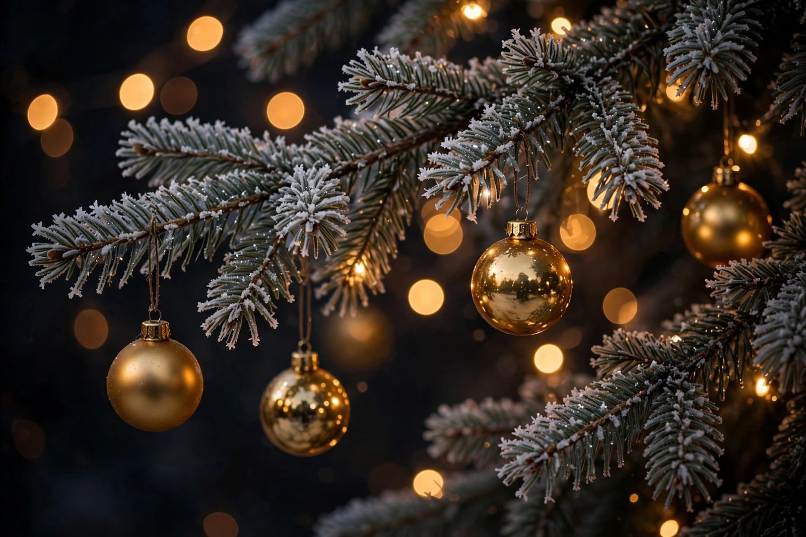  "Golden Christmas baubles hanging on frosted pine branches with glowing bokeh"