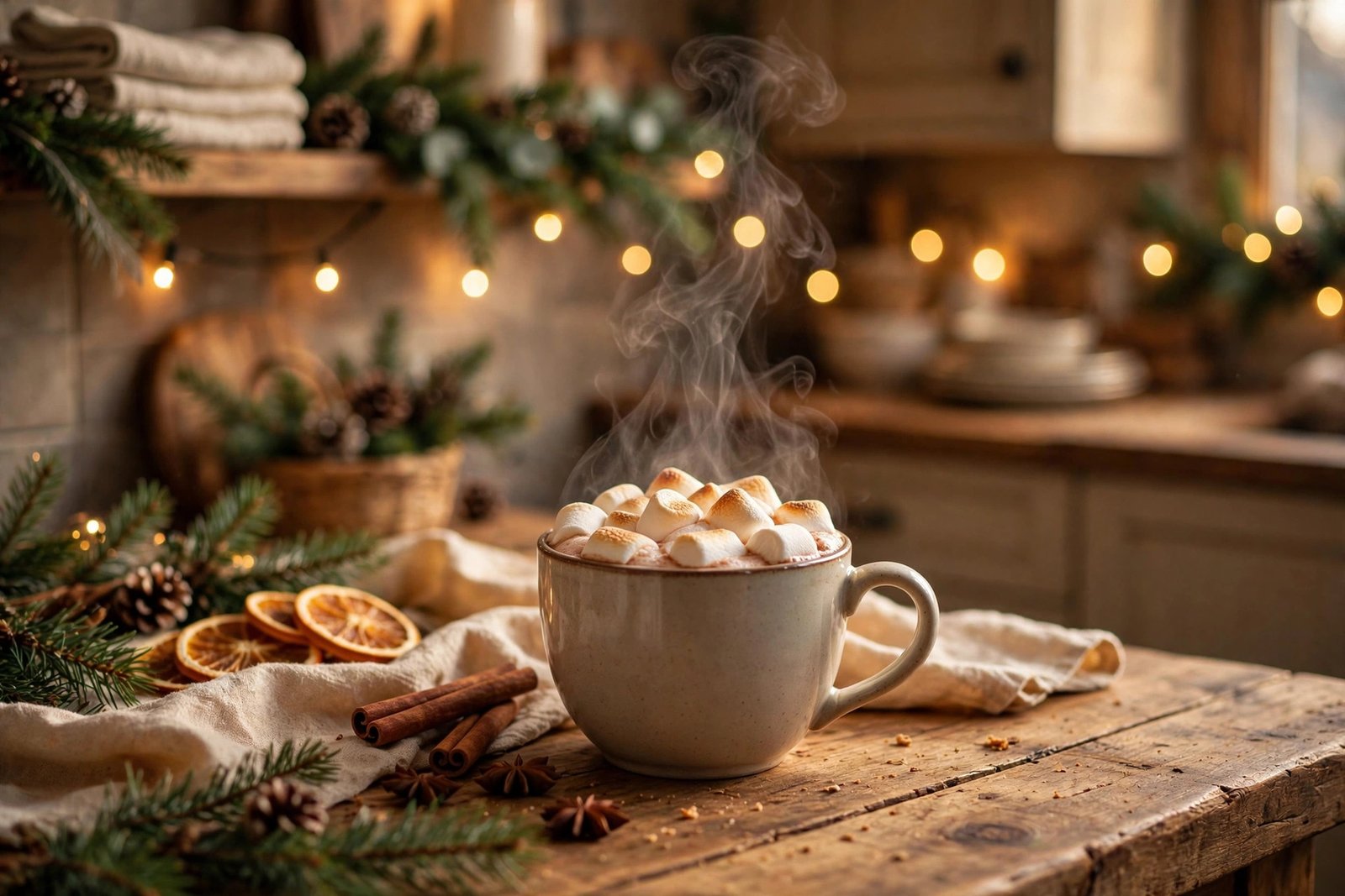  "Steaming cup of hot cocoa topped with marshmallows on a wooden table"