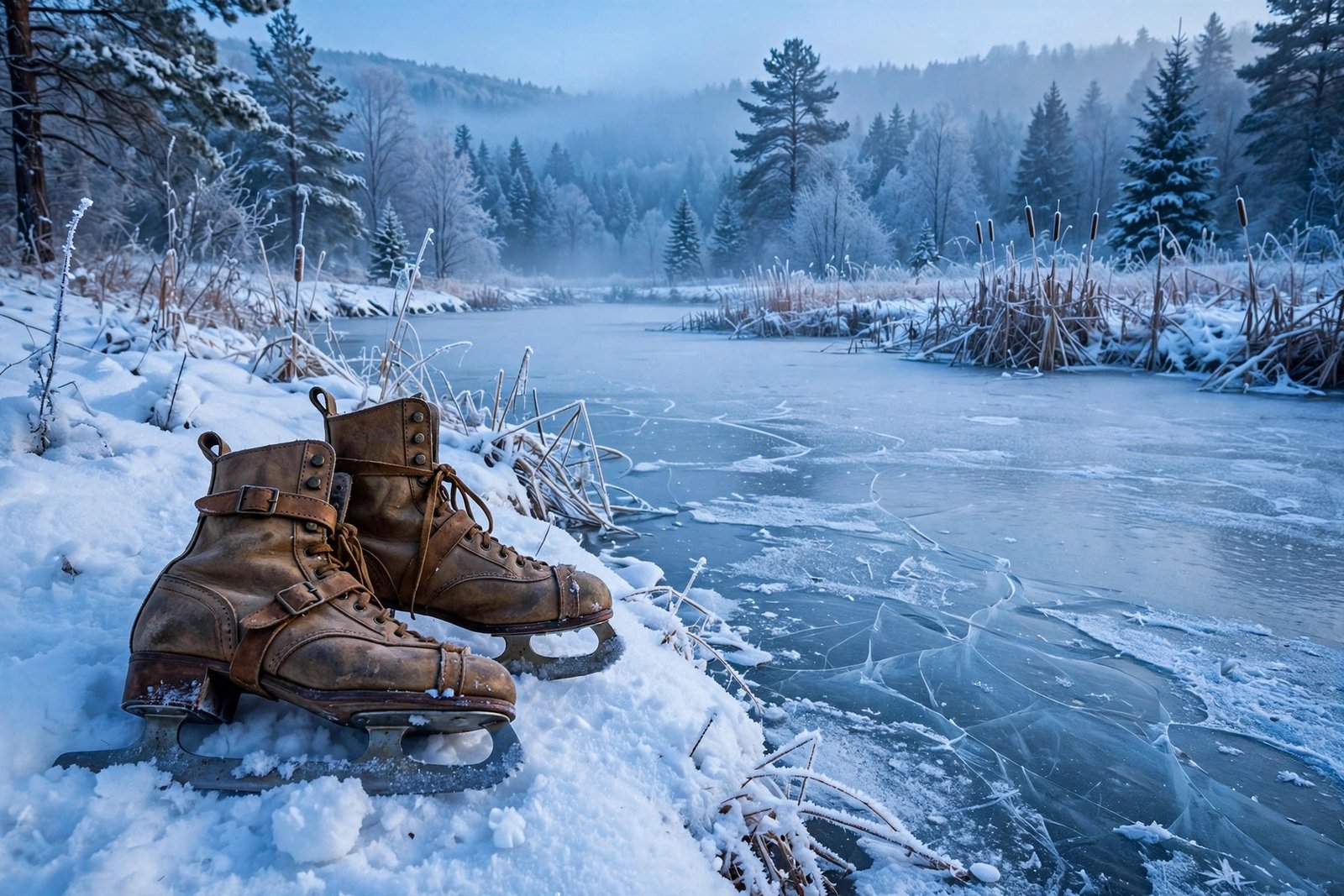  "Vintage ice skates resting in snow beside a frozen pond at dawn"