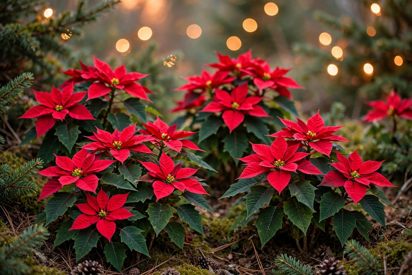  "Vibrant red poinsettia flowers blooming with a festive bokeh background"