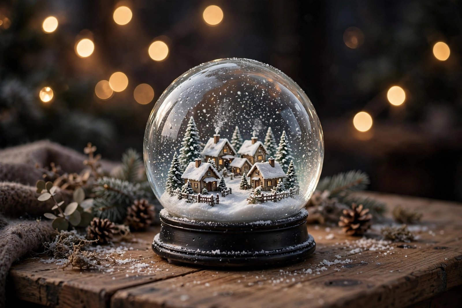  "Snow globe with a tiny snowy winter village on a wooden table"