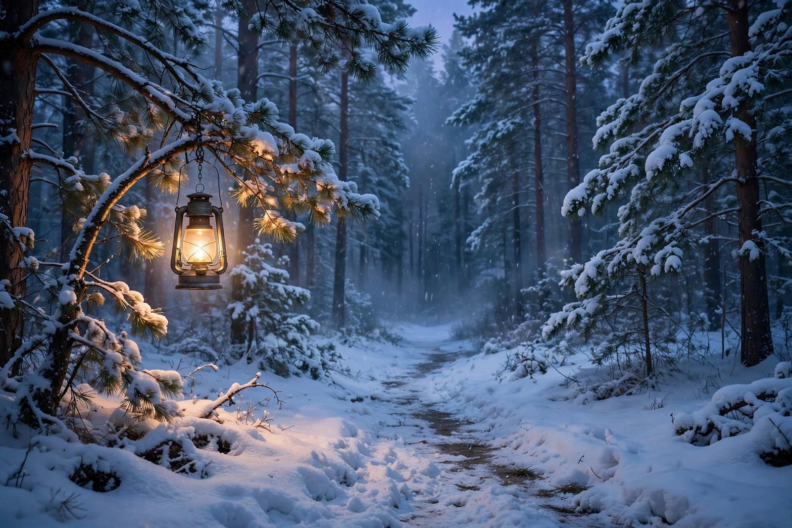  "Snowy forest path with a glowing lantern hanging from a pine branch at twilight"