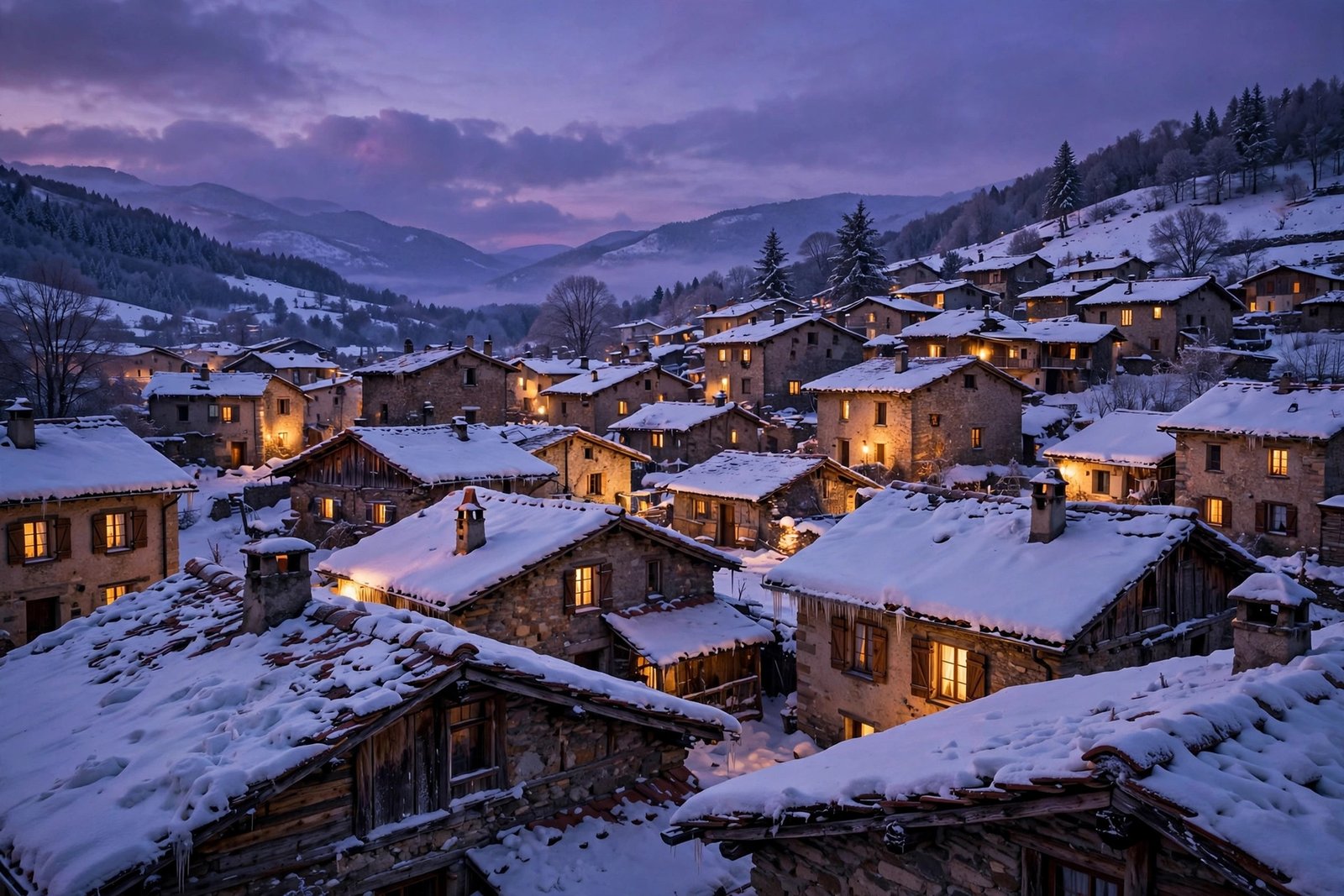  "Snow-covered village rooftops at twilight with warm glowing windows"