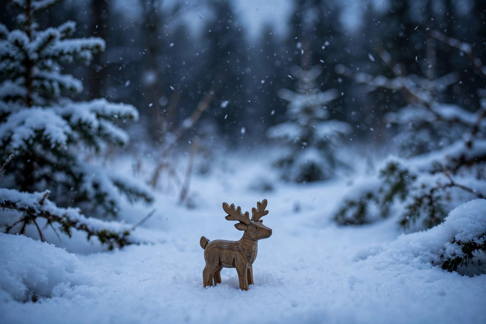  "Small wooden reindeer figurine standing in fresh snow at dusk"