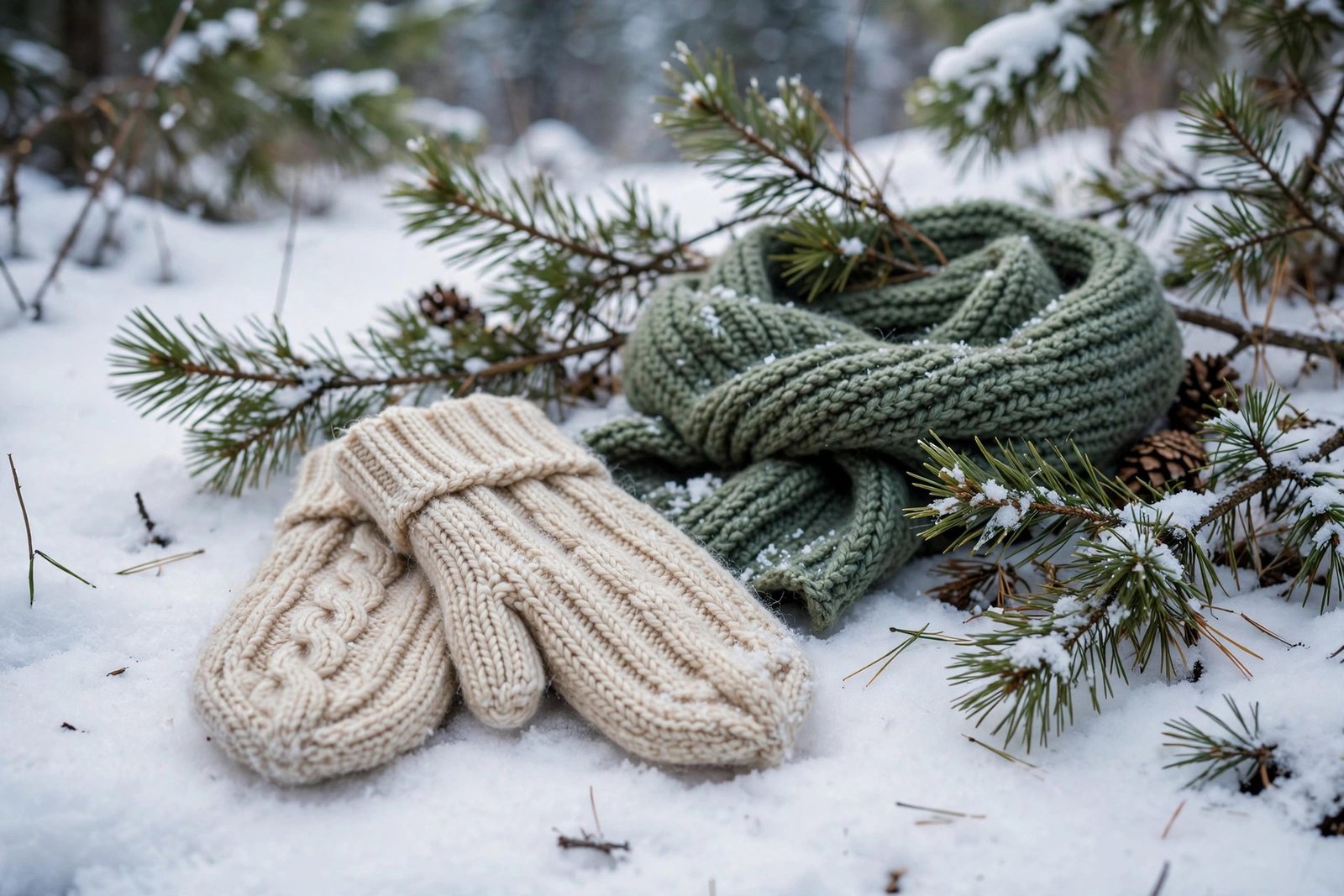  "Knitted wool mittens and scarf lying on fresh snow with pine branches"