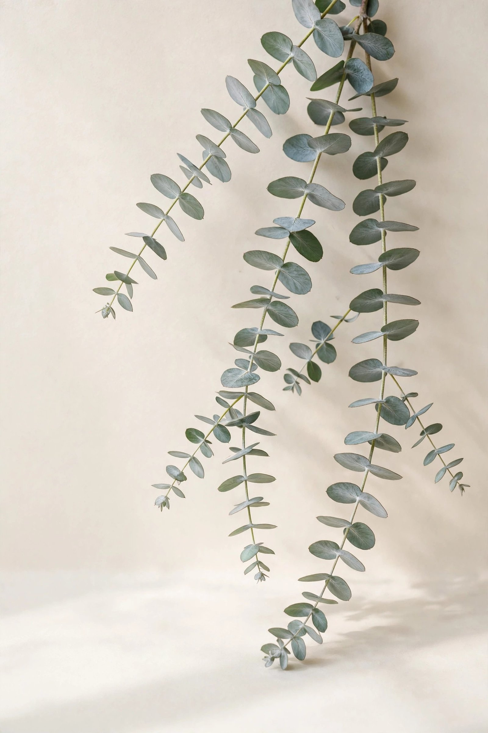  "Silver-green eucalyptus branches against a soft cream background"