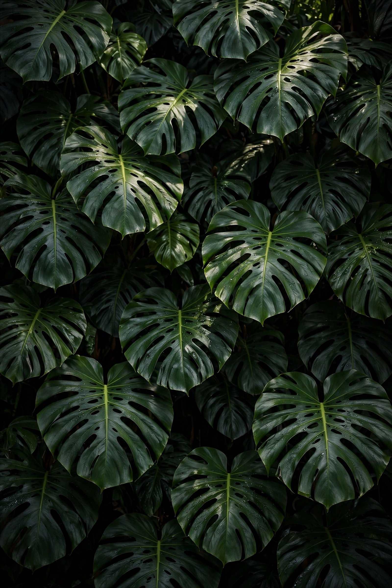  "Lush pattern of dark green monstera leaves filling the frame"