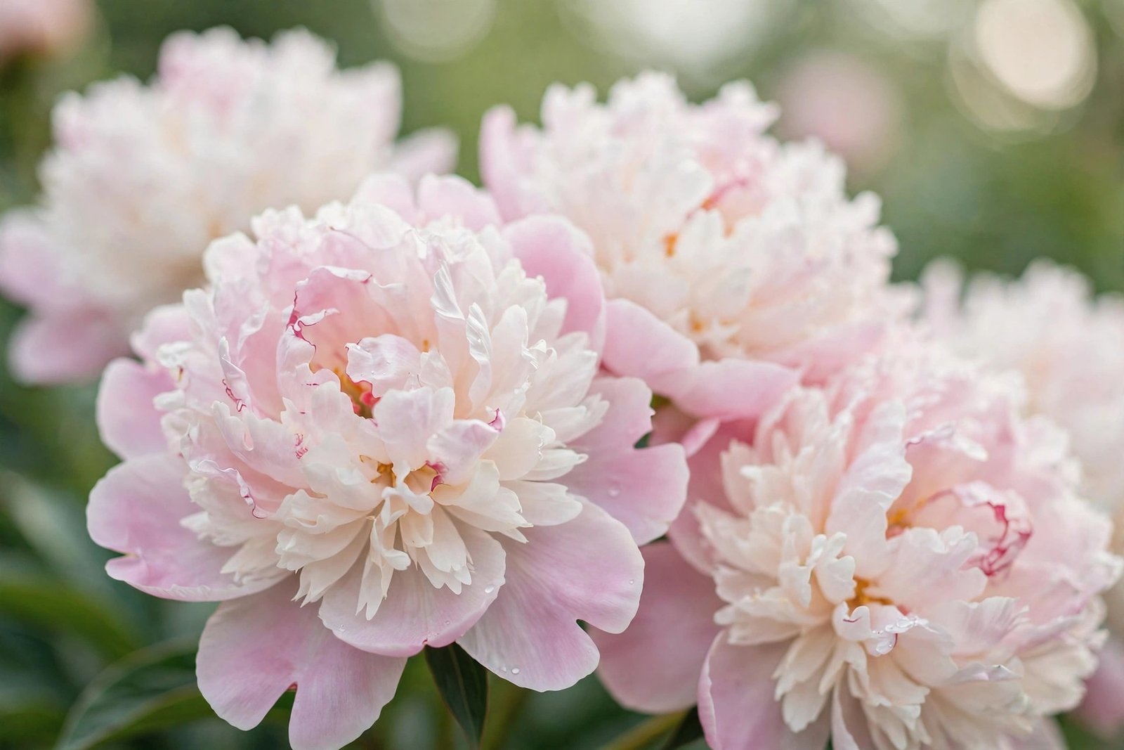  "Intimate close-up of pink and white peonies with layered soft petals"