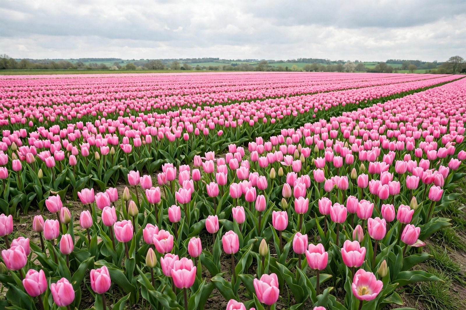  "Vast field of blooming pink tulips stretching to the horizon"