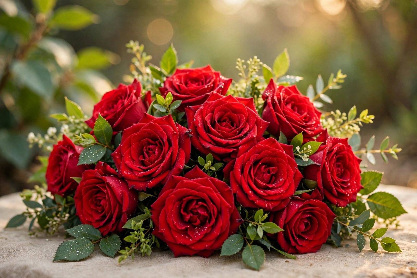  "Lush bouquet of red roses with dewdrops and fresh green leaves"