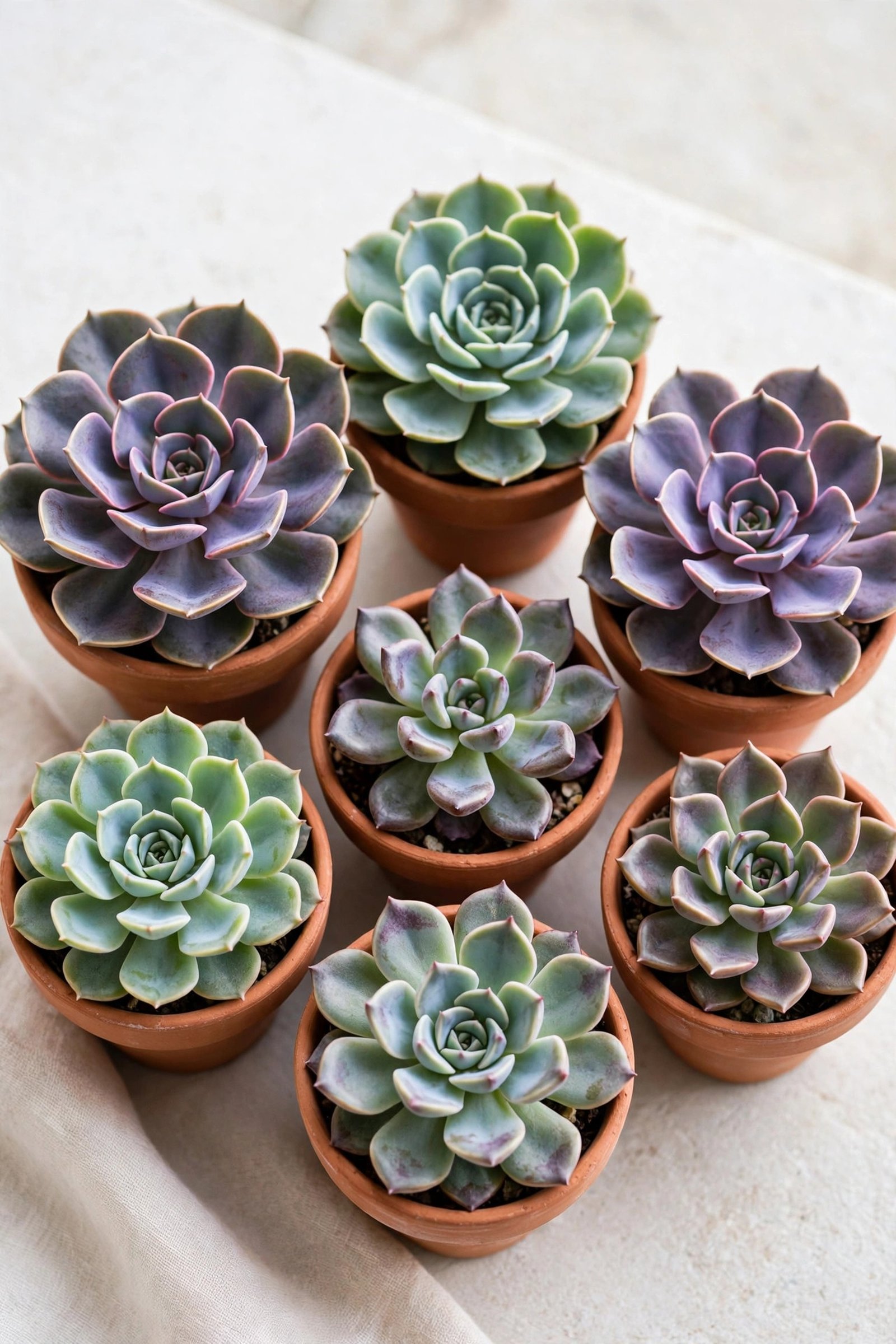  "Arrangement of succulent plants in terracotta pots in soft daylight"
