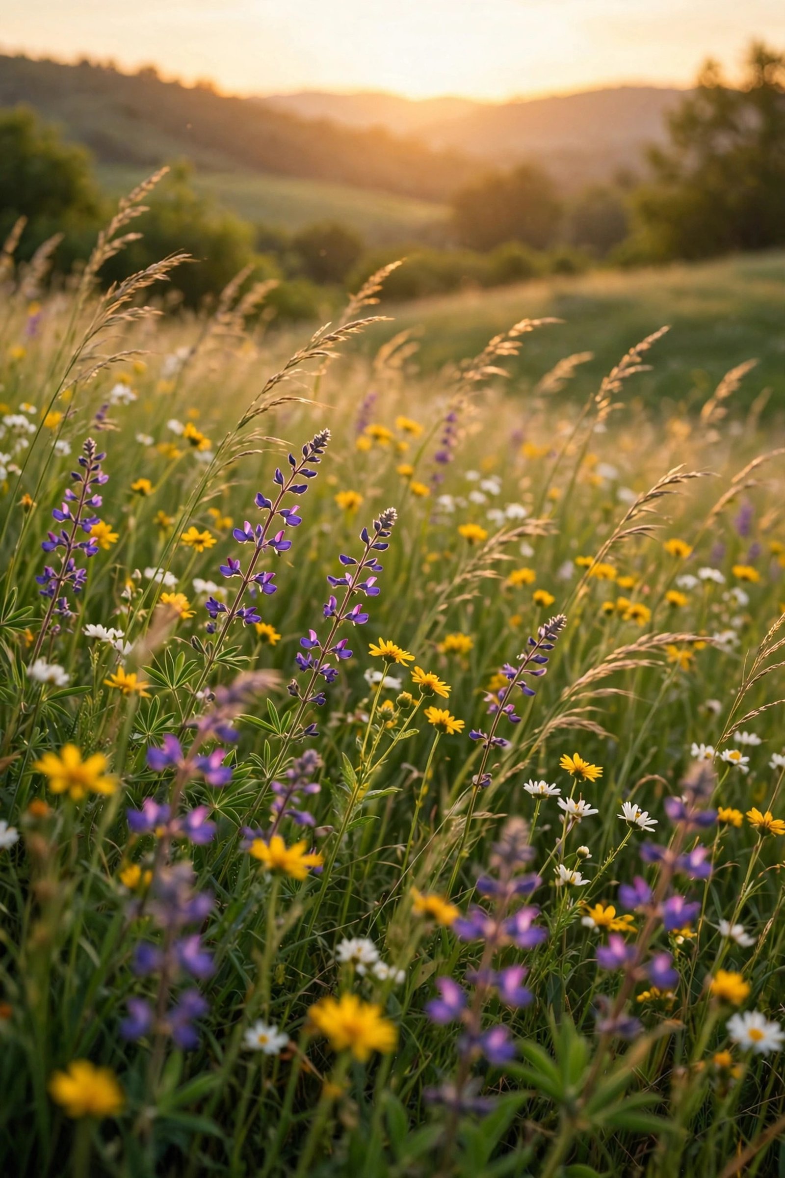  "Colorful wildflower meadow glowing at golden hour in a soft breeze"