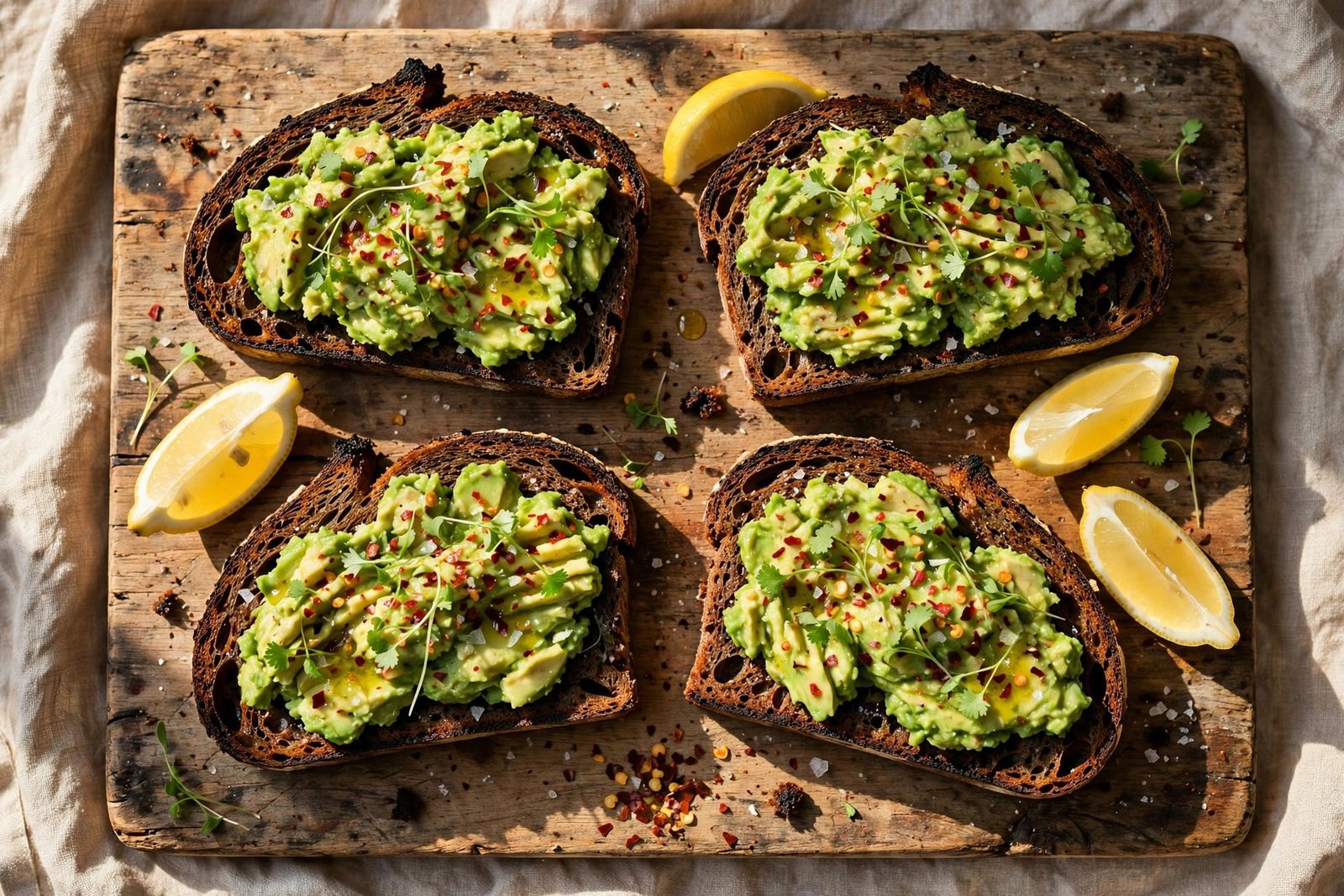  "Avocado toast with chili flakes and lemon wedges served on a rustic wooden board"