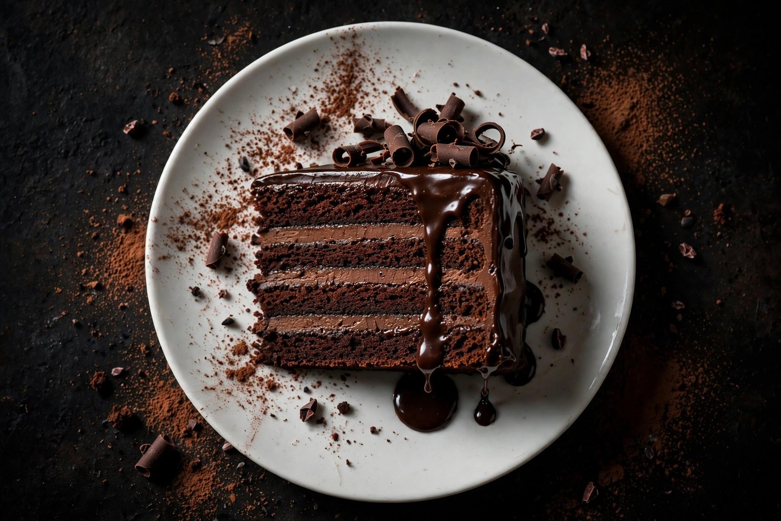  "Slice of chocolate layer cake with glossy ganache and chocolate curls"