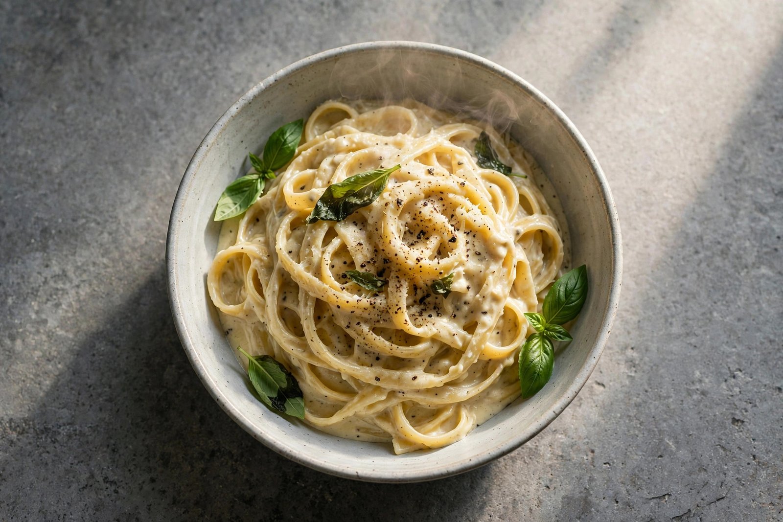  "Bowl of creamy fettuccine pasta with parmesan basil and cracked pepper"