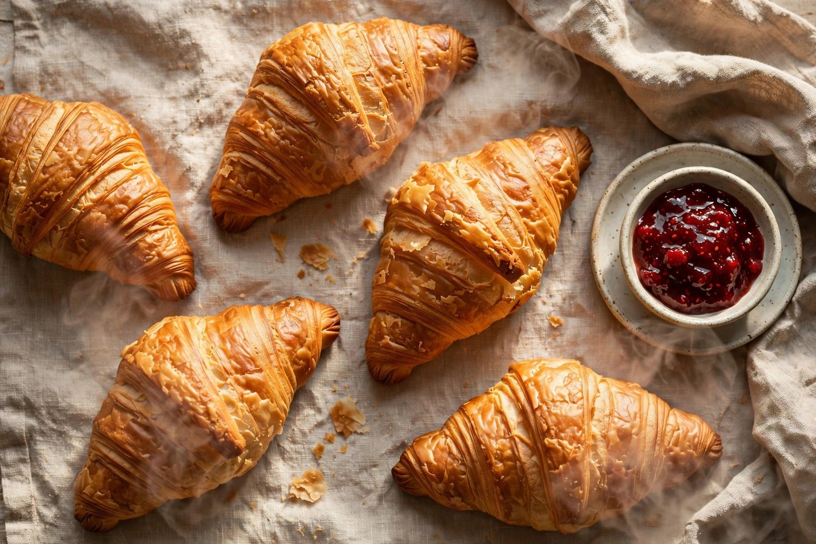  "Golden flaky croissants arranged on a beige linen cloth in warm light"
