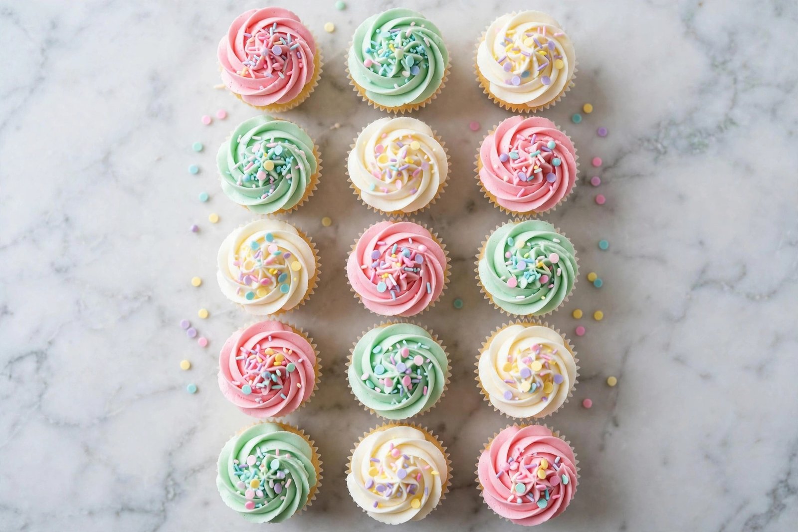  "Colorful cupcakes with swirled frosting and sprinkles in neat rows"