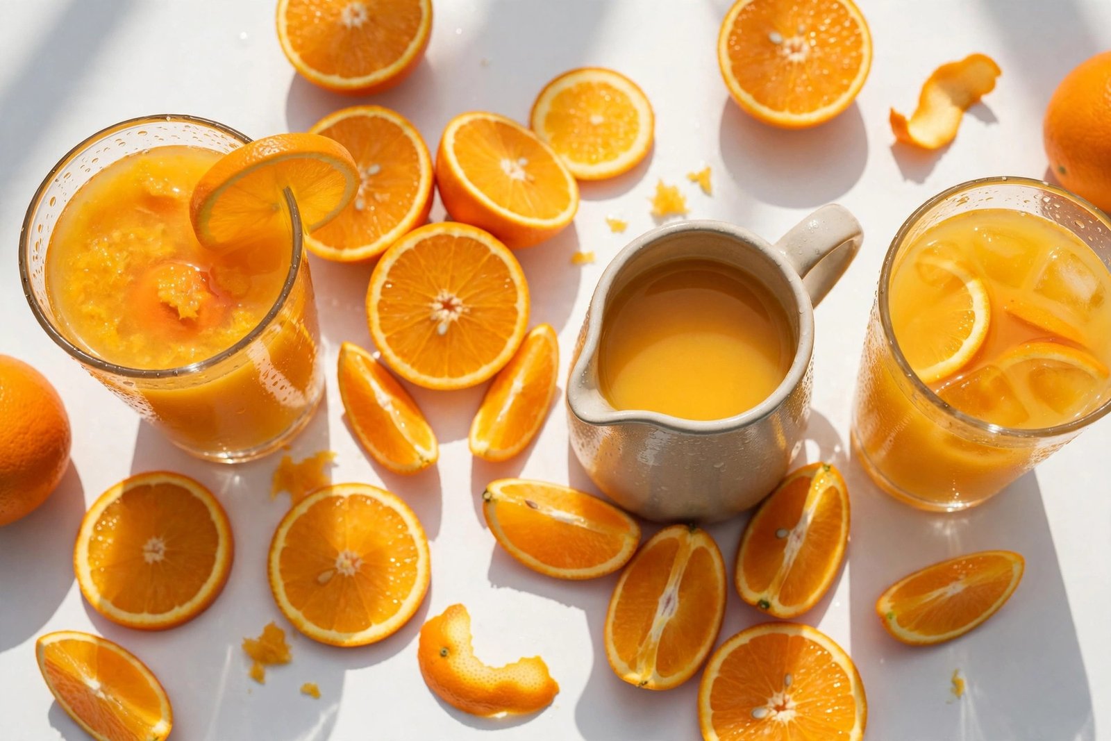  "Glasses of freshly squeezed orange juice with orange slices and pitcher"