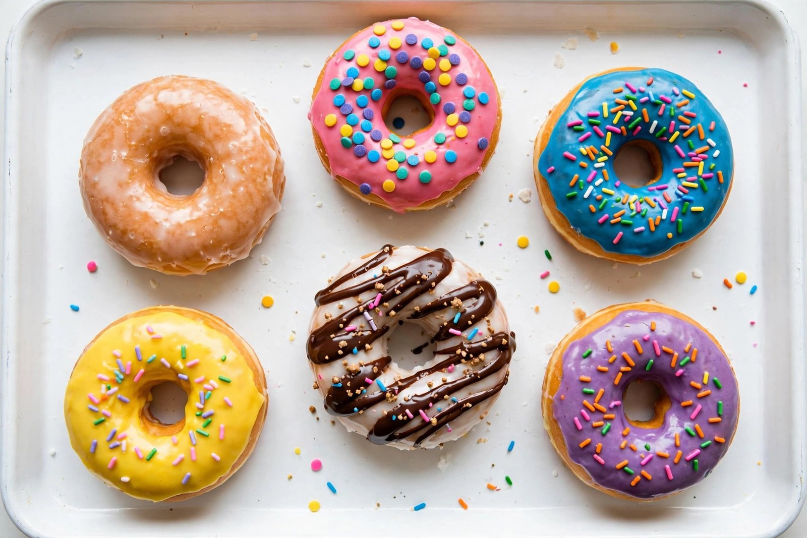  "Glazed donuts with shiny sugar glaze and colorful icing on a tray"