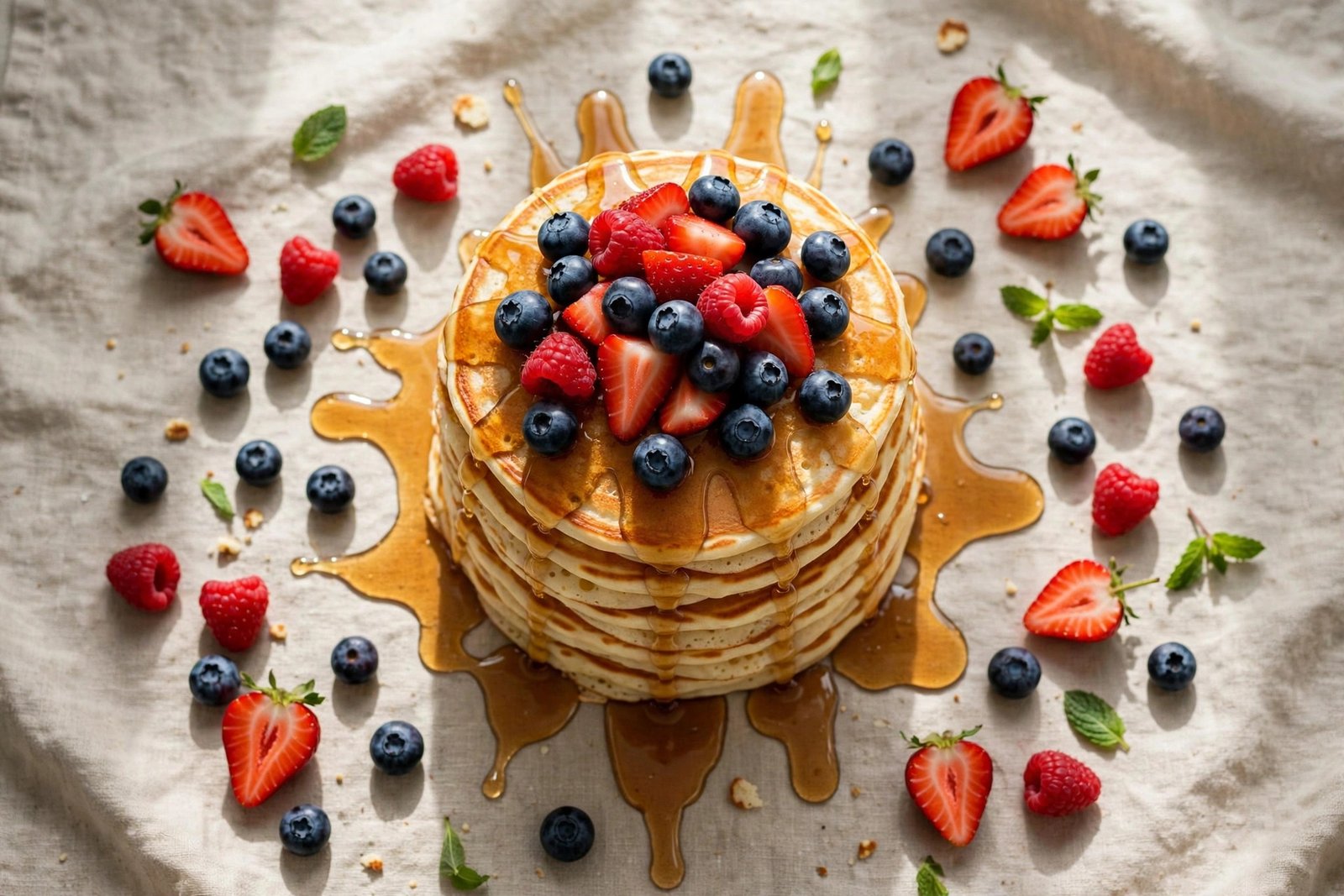  "Stack of fluffy pancakes topped with fresh berries and dripping maple syrup"