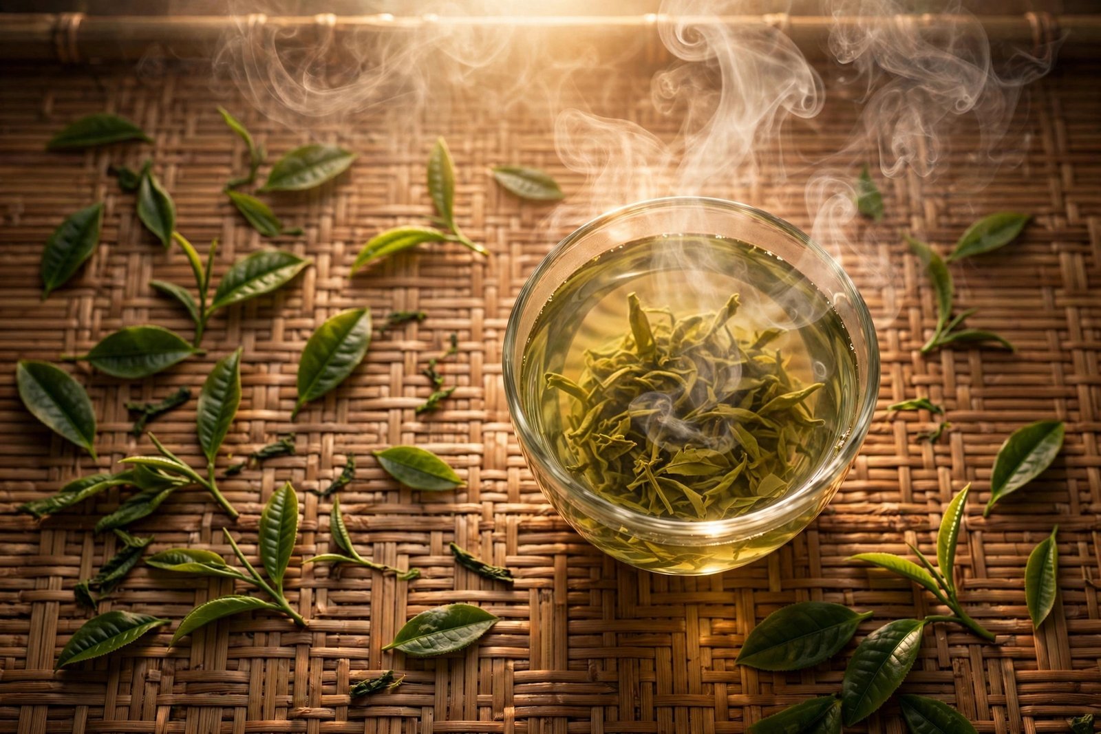  "Steaming cup of green tea with fresh tea leaves on a bamboo mat"