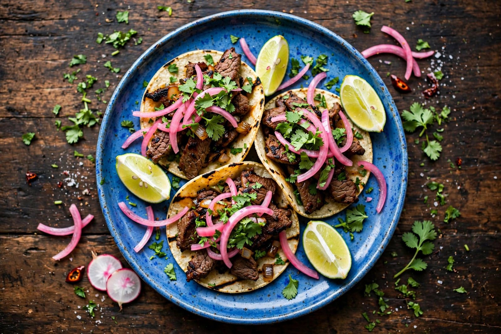  "Three street tacos with grilled meat cilantro lime and onions on a plate"