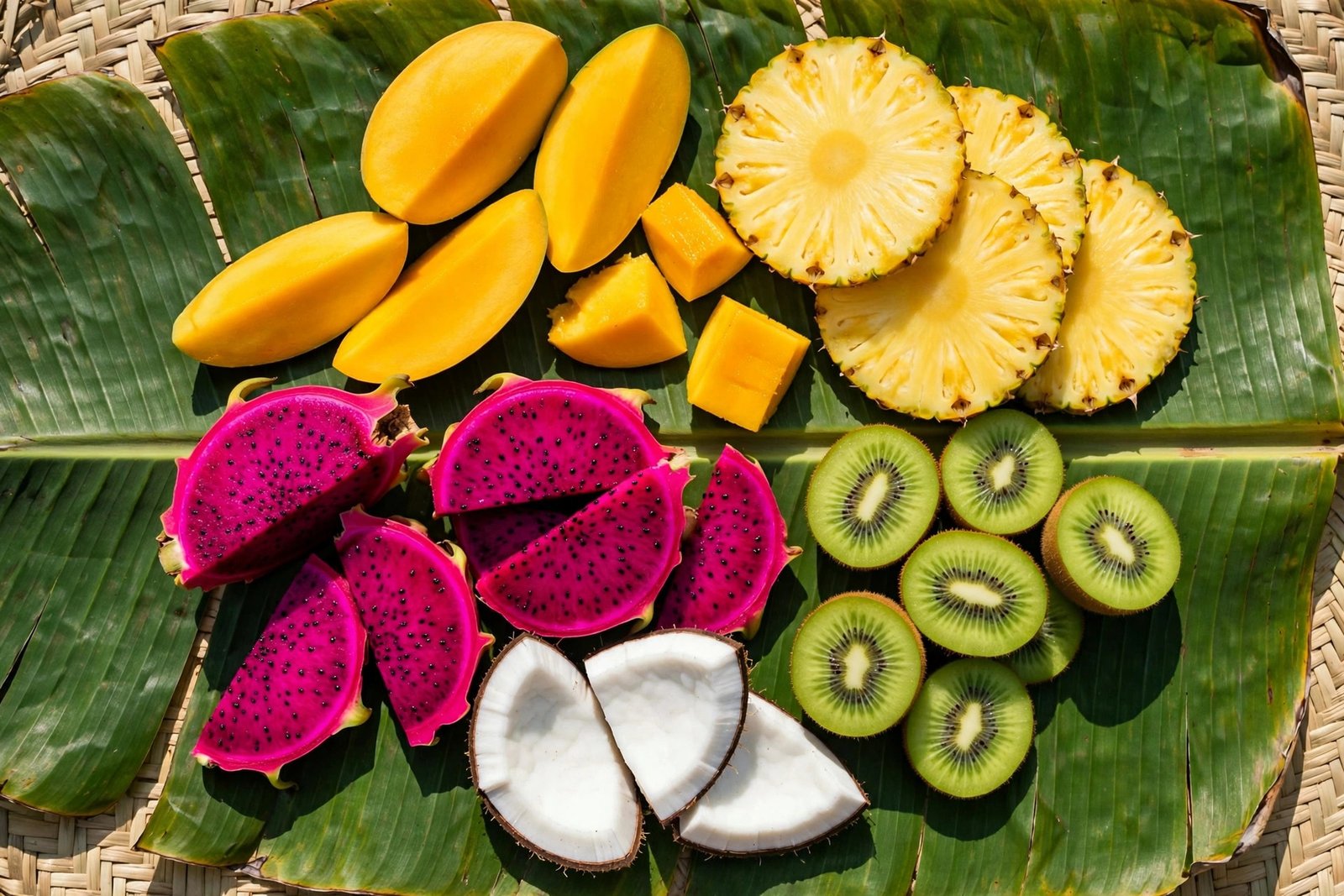  "Tropical fruit platter with mango pineapple kiwi dragon fruit and coconut"