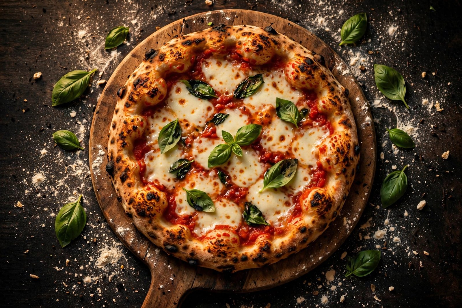  "Wood fired margherita pizza with basil mozzarella and tomato sauce"