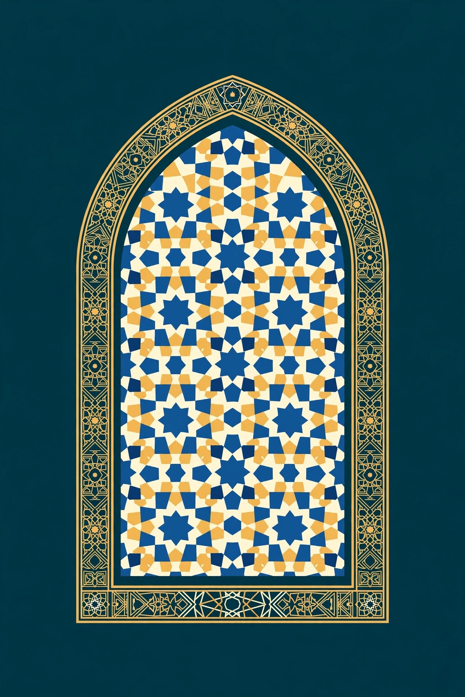  "Horseshoe arch frame filled with mosaic geometric inlay"
