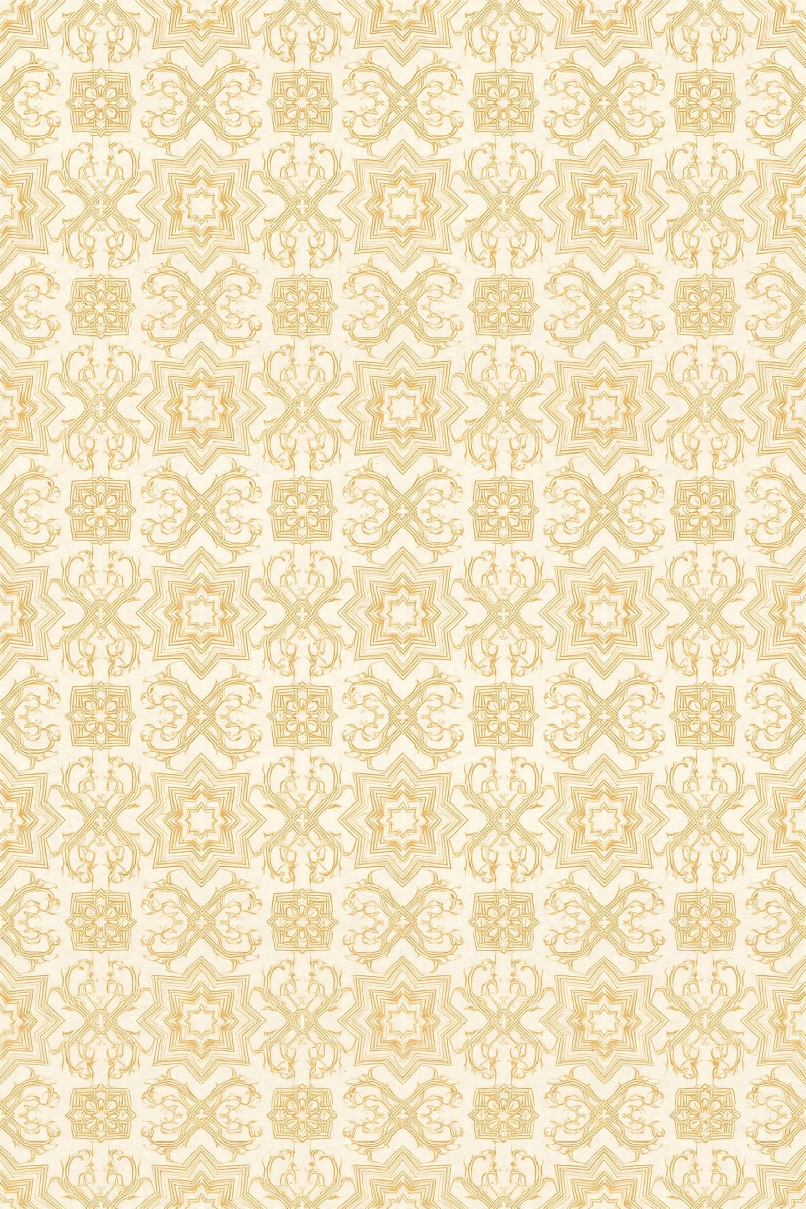  "Ivory and gold arabesque pattern with delicate geometric vines"