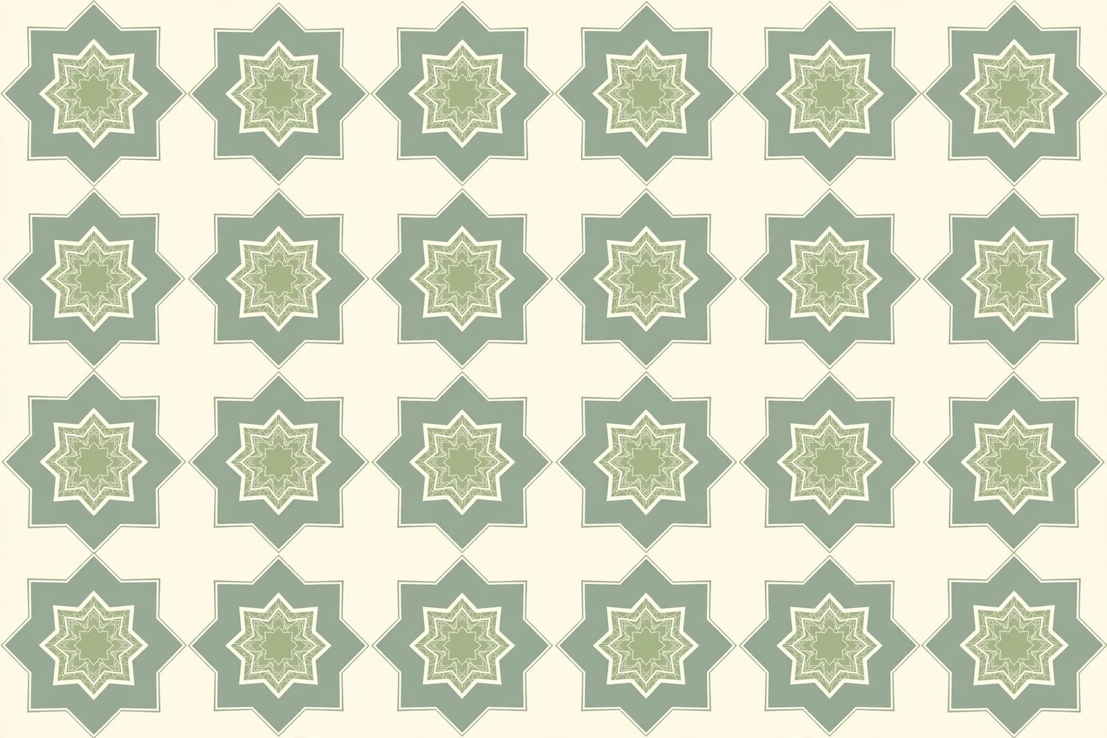  "Sage green geometric medallion pattern on pale cream"