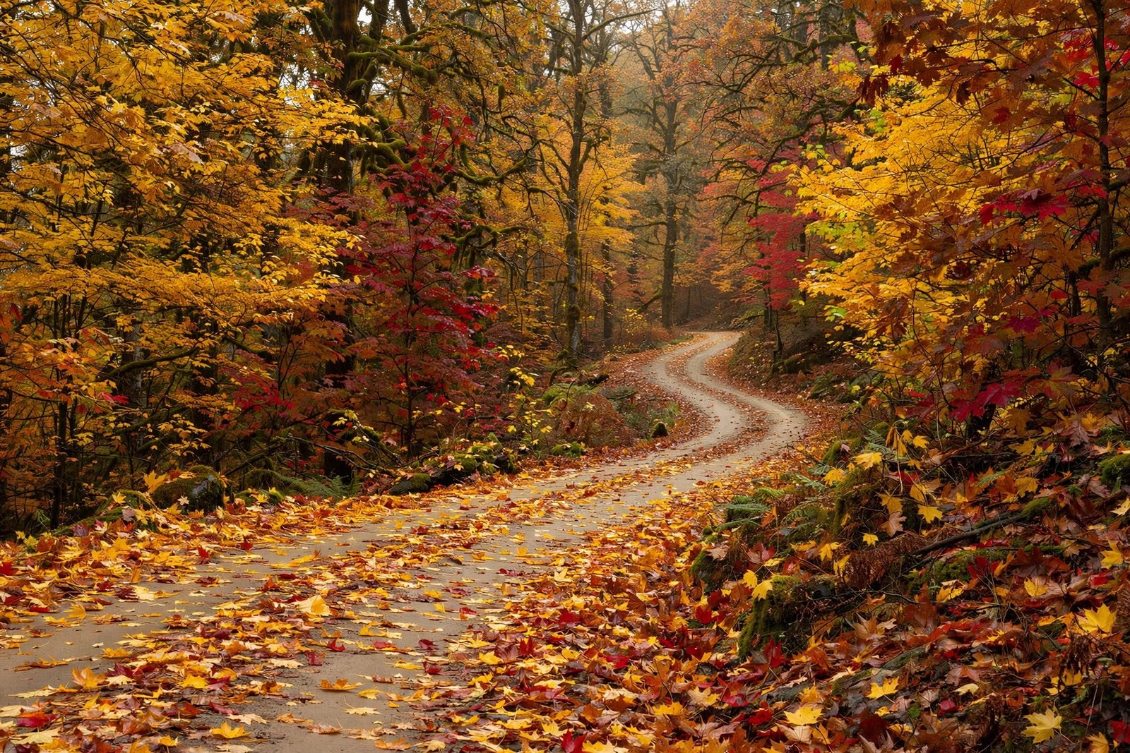  "Winding road through autumn forest covered in golden fallen leaves"